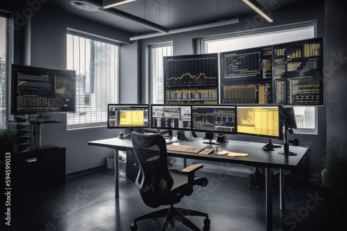 Dark Modern computer office with screens with stocks charts - AI, AI generative, Generative
