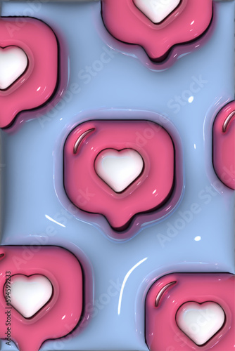  Notification background of heart element inflated with plastic effect, 3D render illustration