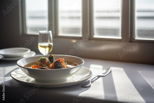 The best Portuguese fish and seafood cataplana in the world. Tasty lunch arranged on a high-quality crockery white plate on a white table of the michelin star restaurant. made with ai photo