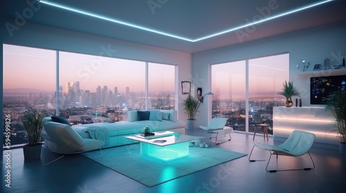 Futuristic Cityscape Living Room 1. Generative AI © NormanBalberan