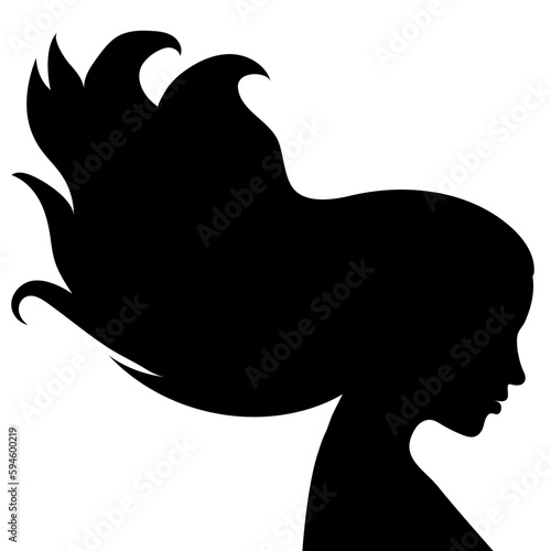 The silhouette of a beautiful woman with long hair flowing in the wind in profile. Template for postcards, greetings, flyers, banners for a beauty salon, hairdresser or Women's Day on March 8.