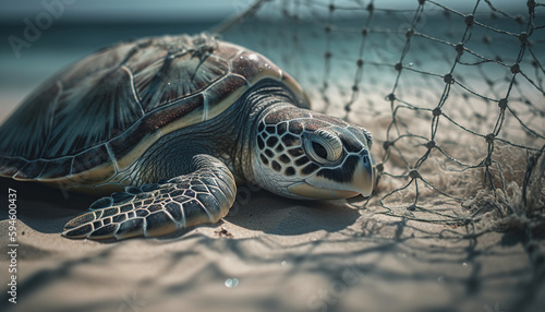 Turtles caught in nets, marine pollution, ecosystem threat. Generative AI technology.