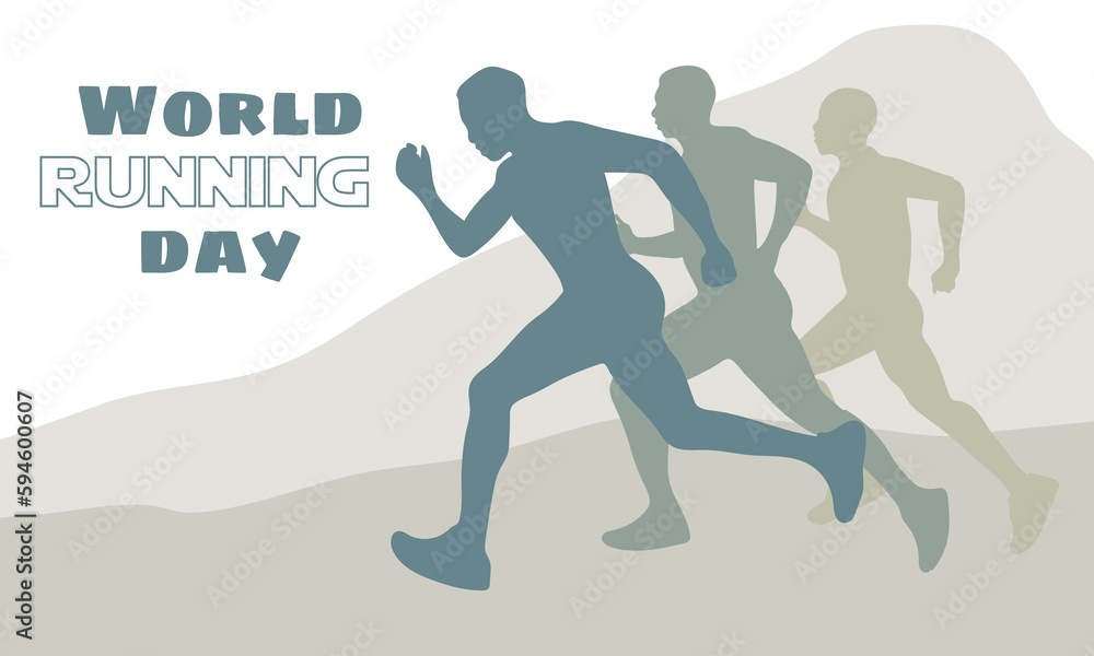 World Running Day. Vector poster design. The concept of a healthy lifestyle. Men run ahead of each other in nature. Flat vector illustration. A template for a banner, an advertising cover Competitions World Running Day. Vector poster design. The concept of a healthy lifestyle. Men run ahead of each other in nature. Flat vector illustration. A template for a banner, an advertising cover Competitions