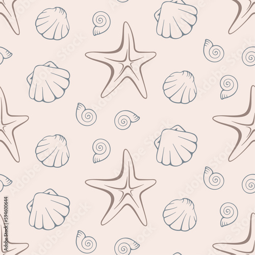 Starfish and seashells vector seamless pattern. Hand drawn line vector elements on pastel background. Best for textile, wallpapers, home decoration, wrapping paper, package and your design.