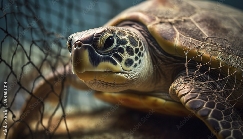 Turtles caught in nets, marine pollution, ecosystem threat. Generative AI technology. Turtles caught in nets, marine pollution, ecosystem threat. Generative AI technology.