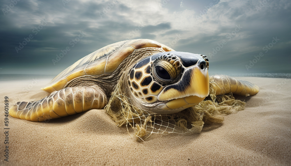 Turtles caught in nets, marine pollution, ecosystem threat. Generative AI technology.