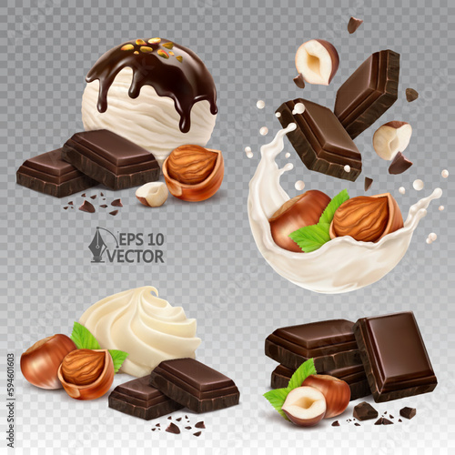 Realistic set of dark chocolate with hazelnuts. Vanilla ice cream with melting chocolate sauce. Slices and whole hazelnuts falling into a fresh milk. 3d vector food illustration