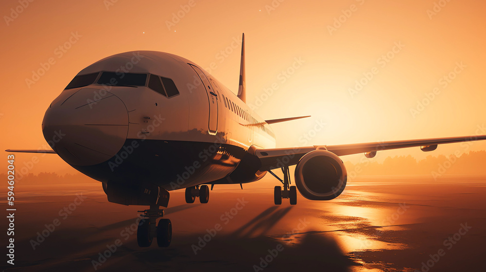 airplane landing at sunset