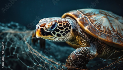 Turtles caught in nets, marine pollution, ecosystem threat. Generative AI technology. © LHG
