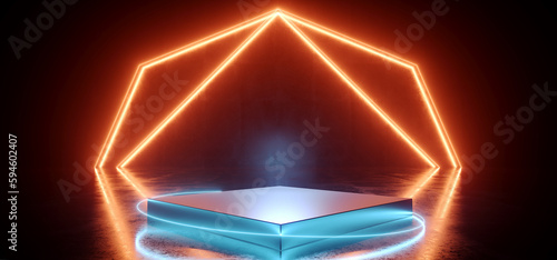 Fototapeta Naklejka Na Ścianę i Meble -  Cyber Futuristic Sci Fi Rectangular Stage Podium Circle Neon Laser Electric Lights Glowing Vibrant Orange Blue On Concrete Grunge Cement Dark Room Garage 3D Rendering
