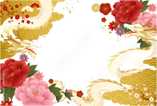 和柄の模様と花と辰(龍)の2024年の年賀状テンプレートのベクターイラスト背景