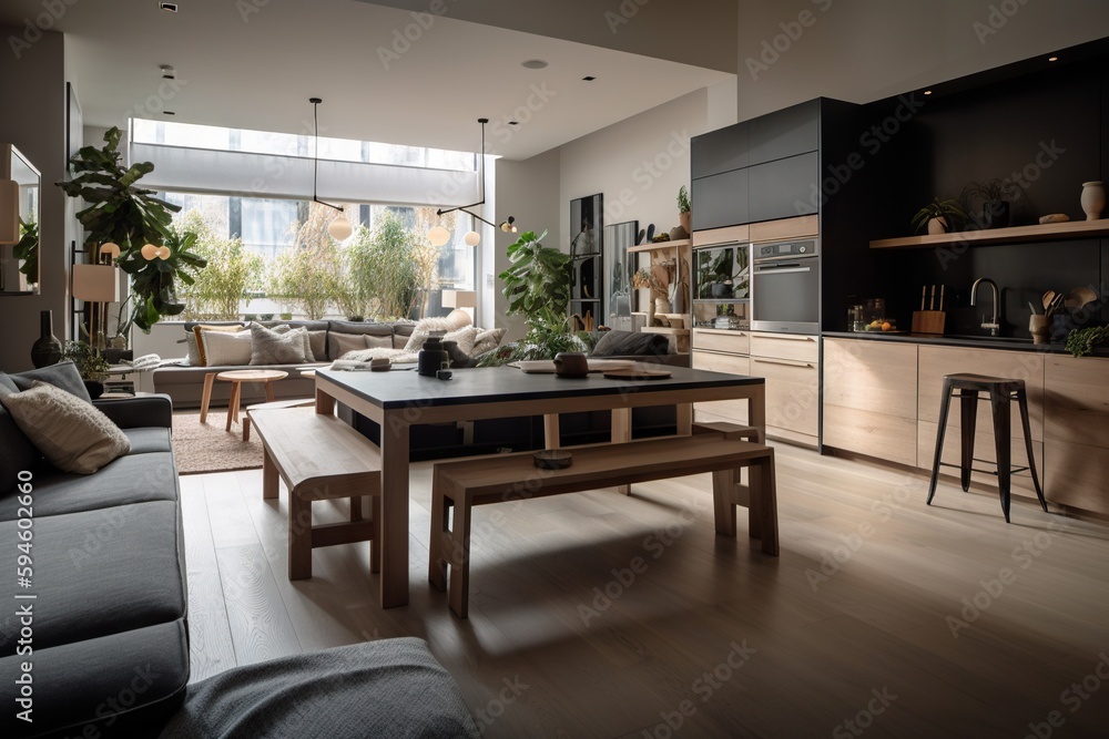 Fototapeta premium A Living Room With A Couch Table And Chairs In It Living Room Panoramic Photography Interior Design Generative AI