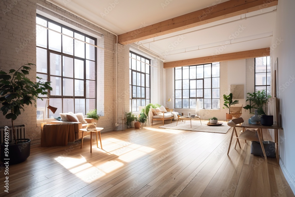 Fototapeta premium A Living Room With A Lot Of Windows And A Wooden Floor Abandoned Warehouse Interior Photorealism Interior Design Generative AI