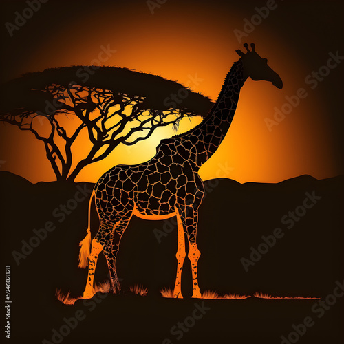 giraffe silhouette at sunset generative AI