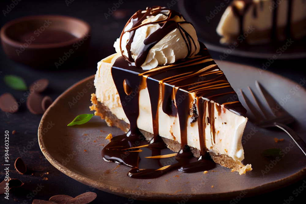 Cheesecake with chocolate sauce and cup of black coffee on a table. AI Generated Cheesecake with chocolate sauce and cup of black coffee on a table. AI Generated