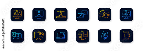 Video call. Flat, color, video call from different devices. Vector icons.