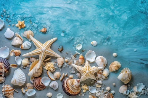 sea shells and starfish on the beach, aigenerative photo