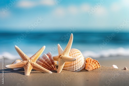 sea shells and starfish on the beach, aigenerative