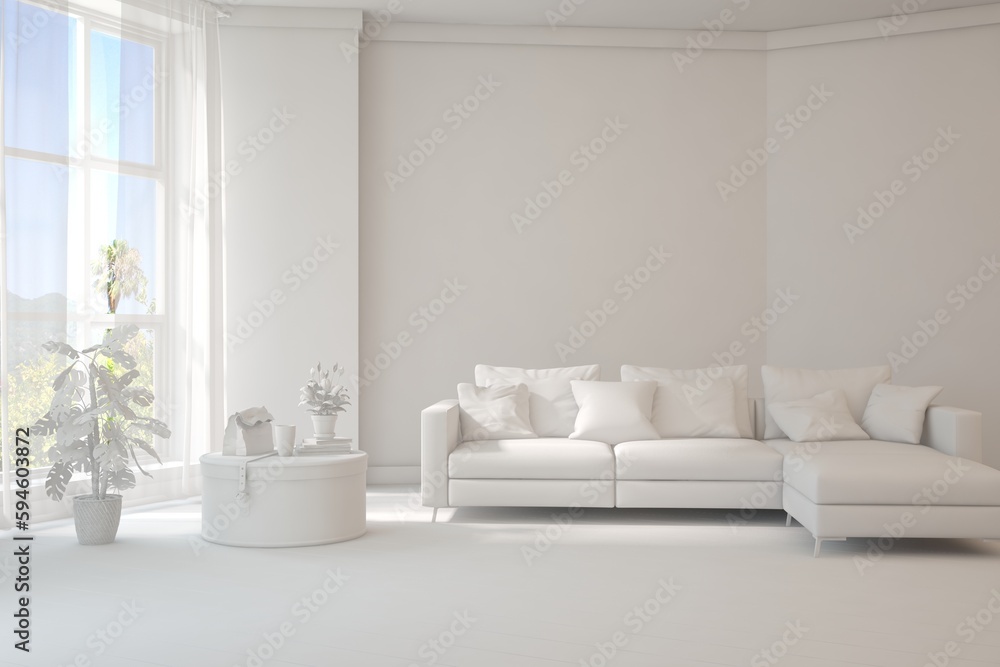 Modern interior concept with sofa and summer landscape in window. 3D illustration Modern interior concept with sofa and summer landscape in window. 3D illustration