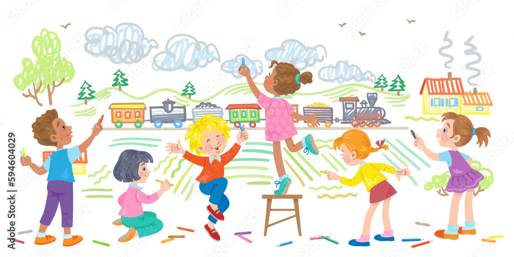 Group of cheerful  children draws a railway. Boys and girls of different nationalities. Banner in cartoon style. Isolated on white background. Vector flat illustration