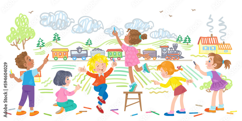 Group of cheerful children draws a railway. Boys and girls of different nationalities. Banner in cartoon style. Isolated on white background. Vector flat illustration Group of cheerful children draws a railway. Boys and girls of different nationalities. Banner in cartoon style. Isolated on white background. Vector flat illustration