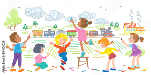 Group of cheerful  children draws a railway. Boys and girls of different nationalities. Banner in cartoon style. Isolated on white background. Vector flat illustration