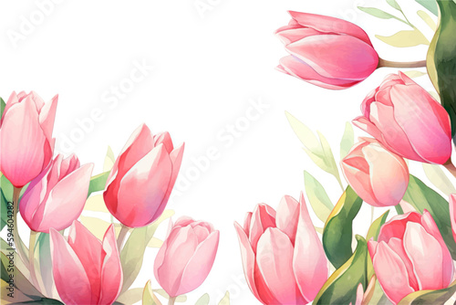 Vector watercolor banner with beautiful framed tulip flowers for spring or summer holiday, women's day, mother's day, wedding. #594604282
