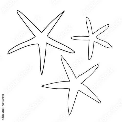 One line drawing of a starfish. Hand drawn outline marine illustration of seastars