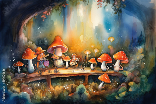 Paint a happy watercolor scene of a mushroom band performing a concert for a group of flowers
