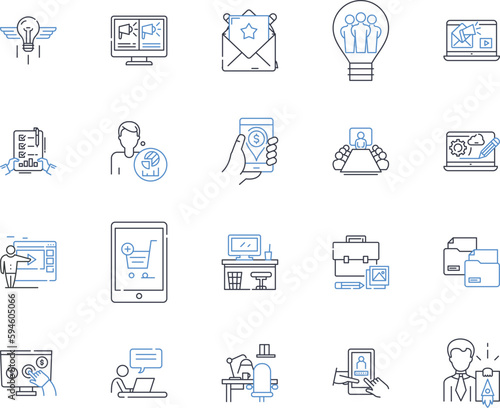 Commencement phase line icons collection. Introduction, Activation, Inception, Beginning, Start, Launch, Initiation vector and linear illustration. Kickoff,Genesis,Onset outline signs set