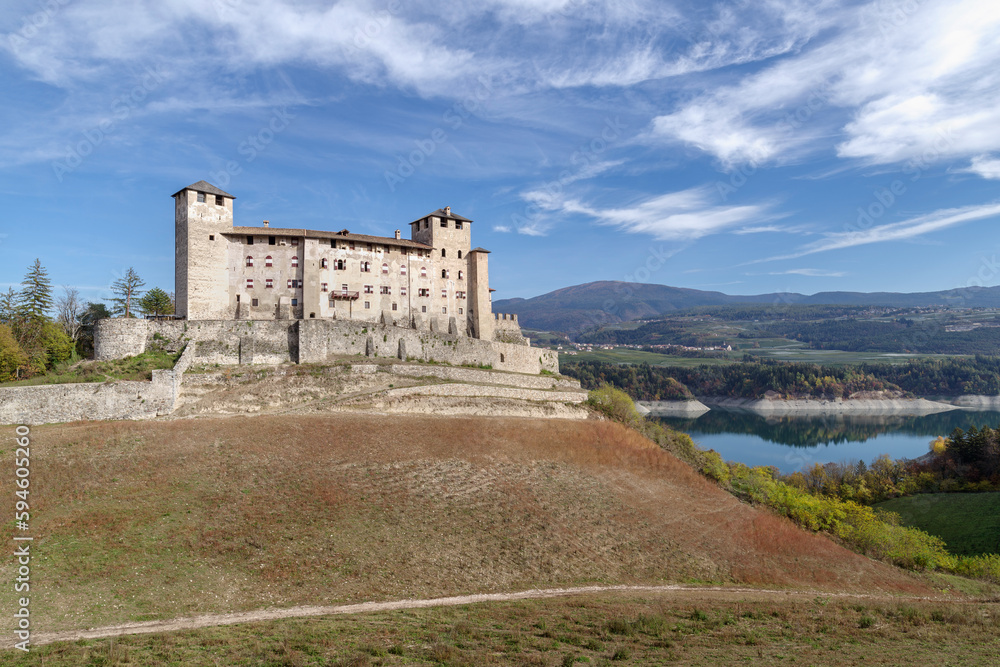 Cles castle and Lake Santa Giustina, Trentino, Italy