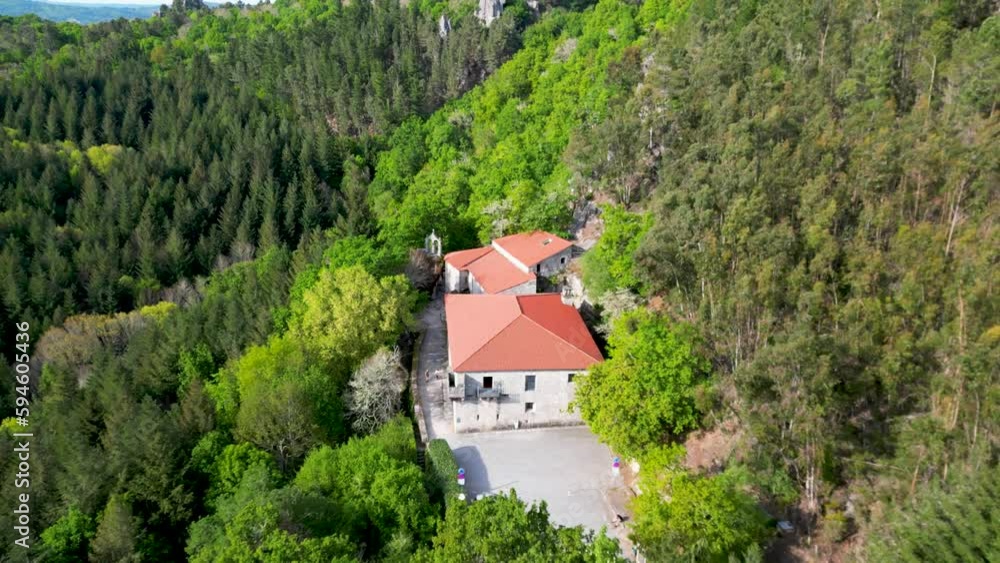 DRONE SHOT monastery of san pedro of rocas, esgos, ourense, spain, aerial pullback DRONE SHOT monastery of san pedro of rocas, esgos, ourense, spain, aerial pullback