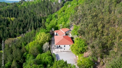DRONE SHOT monastery of san pedro of rocas, esgos, ourense, spain, aerial pullback photo