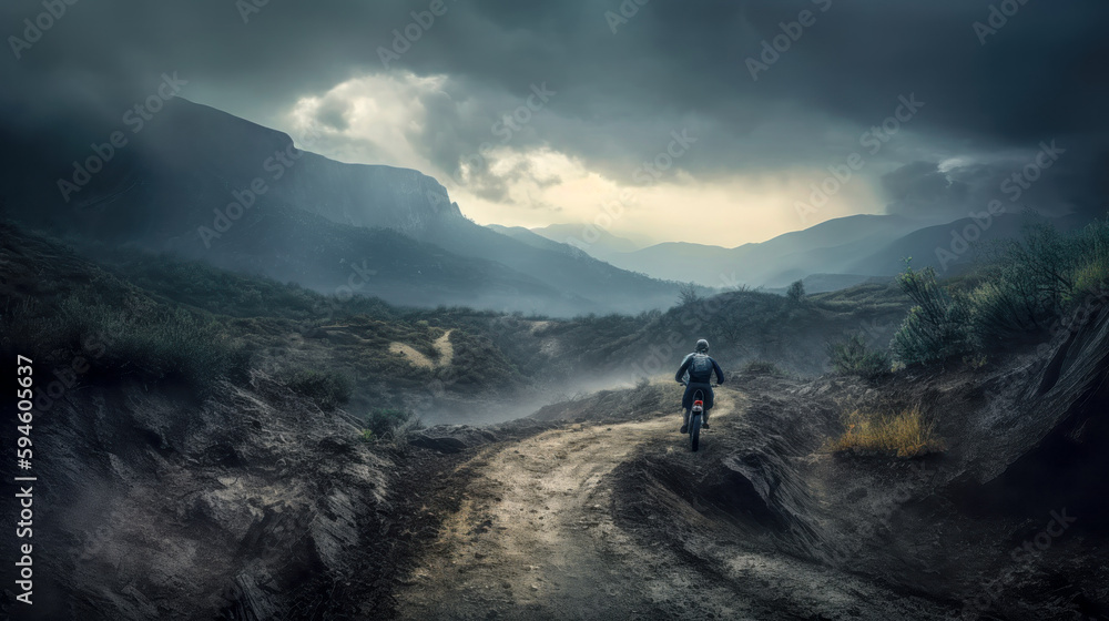 Obraz premium Mountainbiker bei schlechtem Wetter im Gelände Mountainbiking im Wald Trail Sommer Winter Illustration Digital Art Generative AI Hintergrund Sport Leistung Action