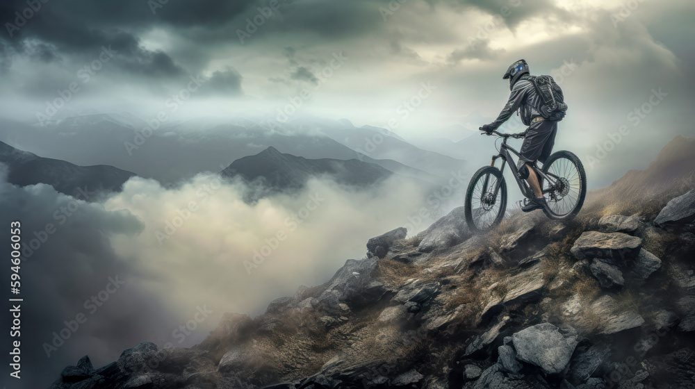 Obraz premium Mountainbiker bei schlechtem Wetter im Gelände Mountainbiking im Wald Trail Sommer Winter Illustration Digital Art Generative AI Hintergrund Sport Leistung Action