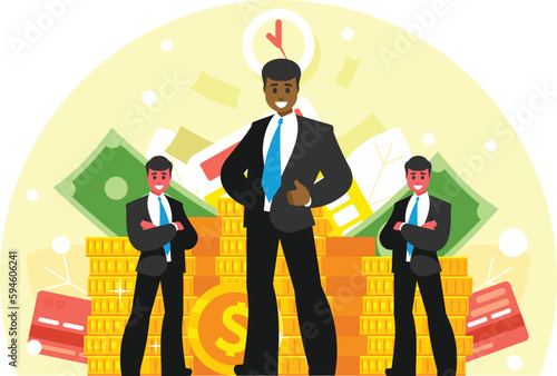 Financial success. Capital accumulation concept. Standing confident men in a suits and ties. Vector graphics