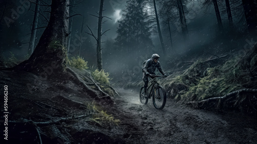 Mountainbiker bei schlechtem Wetter im Gelände Mountainbiking im Wald Trail Sommer Winter Illustration Digital Art Generative AI Hintergrund Sport Leistung Action