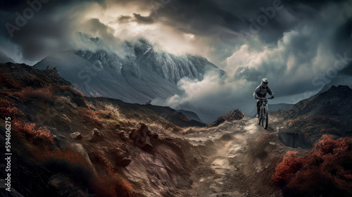Mountainbiker bei schlechtem Wetter im Gel  nde Mountainbiking im Wald Trail Sommer Winter Illustration Digital Art Generative AI Hintergrund Sport Leistung Action