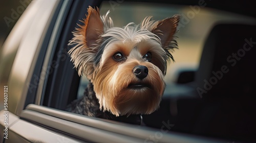 yorkshire terrier in a car,close up of a dog in the windows of car, ai generativ © nataliya_ua