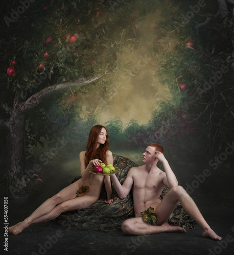 Cinematic portrait, replica of famous characters. Beautiful Adam and Eve holding apples over vintage style background. Forbidden fruit