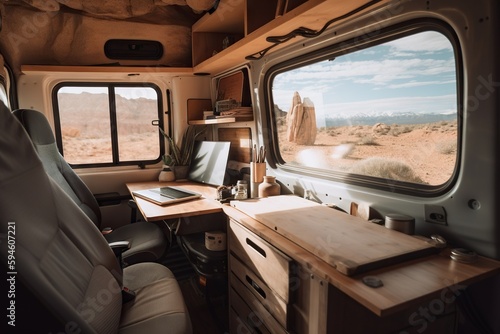 A Camper With A Desk And A Window In The Back Desert Travel Photography Solo Travel Generative AI