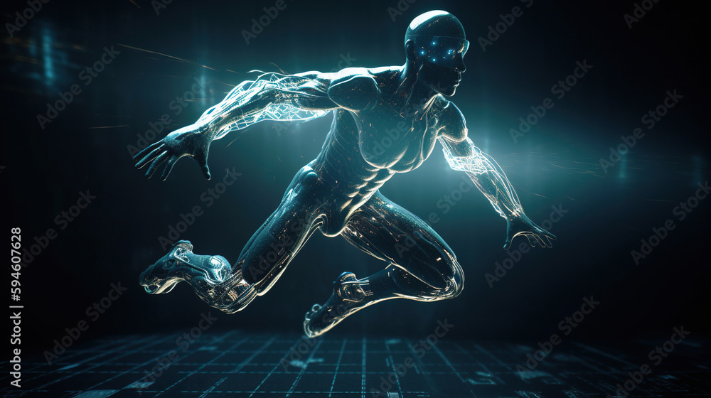 Cyborg running with futuristic technology concept. Generative AI Cyborg running with futuristic technology concept. Generative AI