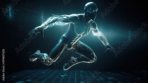 Cyborg running with futuristic technology concept. Generative AI © LAYHONG