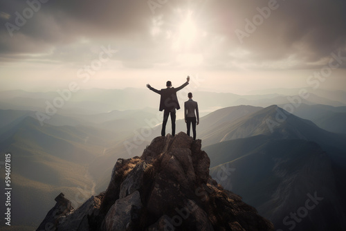 Silhouette of two successful business people standing on top of a mountain with arms raised, Generative AI © LAYHONG