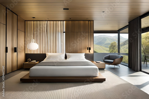 The interior design of a tranquil and serene bedroom with a minimalist Japanese aesthetic  incorporating natural materials and muted colors   Generative AI