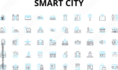 Smart city linear icons set. Innovations, Sustainability, Connectedness, Efficiency, Technology, Mobility, Accessibility vector symbols and line concept signs. Livability,Safety,Interoperability