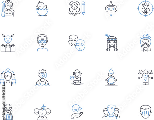 Laughsters line icons collection. Comedy, Humor, Laughter, Jokes, Pranks, Giggles, Chuckles vector and linear illustration. Amusement,Wit,Satire outline signs set photo