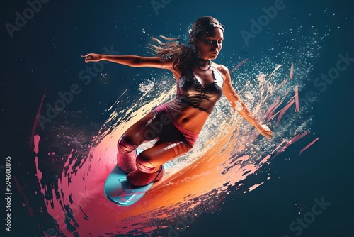 A Woman Riding A Surfboard On A Wave In The Ocean Skate Park Advertising Photography Motion Graphics Generative AI © Yavor