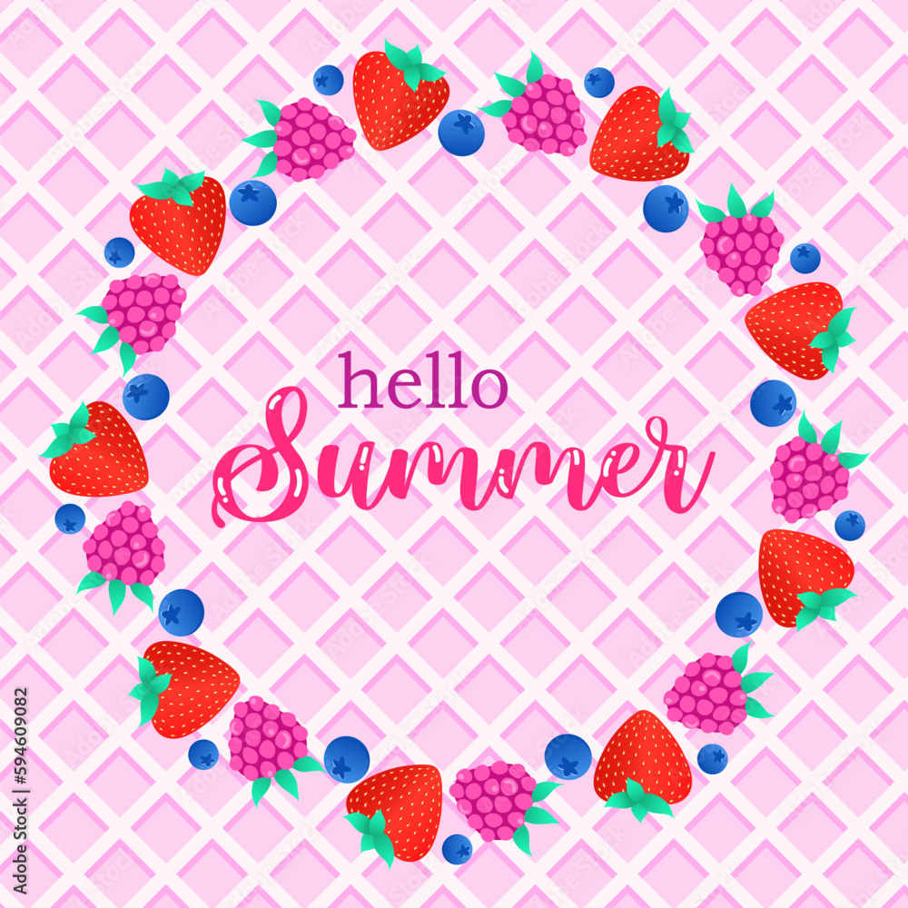 Hello summer poster with berries and waffle background. Vector design Hello summer poster with berries and waffle background. Vector design