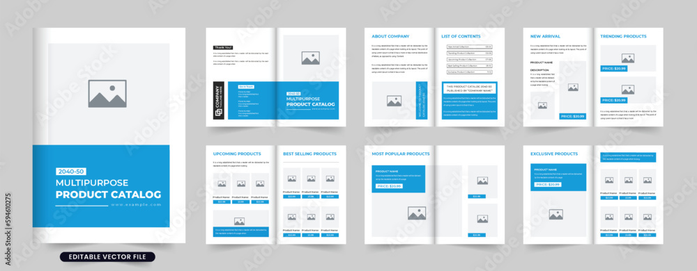 Creative product catalog and magazine template vector with blue and dark colors. Modern furniture product sale booklet catalog design for marketing. Product catalog vector with photo placeholders. Creative product catalog and magazine template vector with blue and dark colors. Modern furniture product sale booklet catalog design for marketing. Product catalog vector with photo placeholders.
